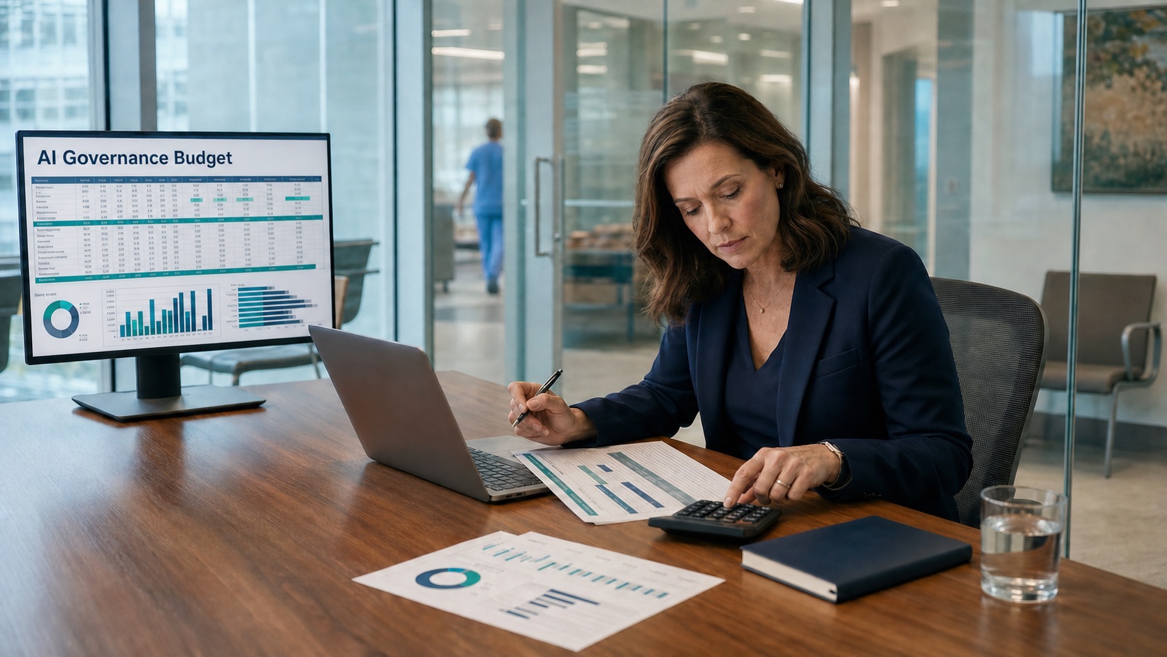 A healthcare leader working through an AI governance budget at her desk