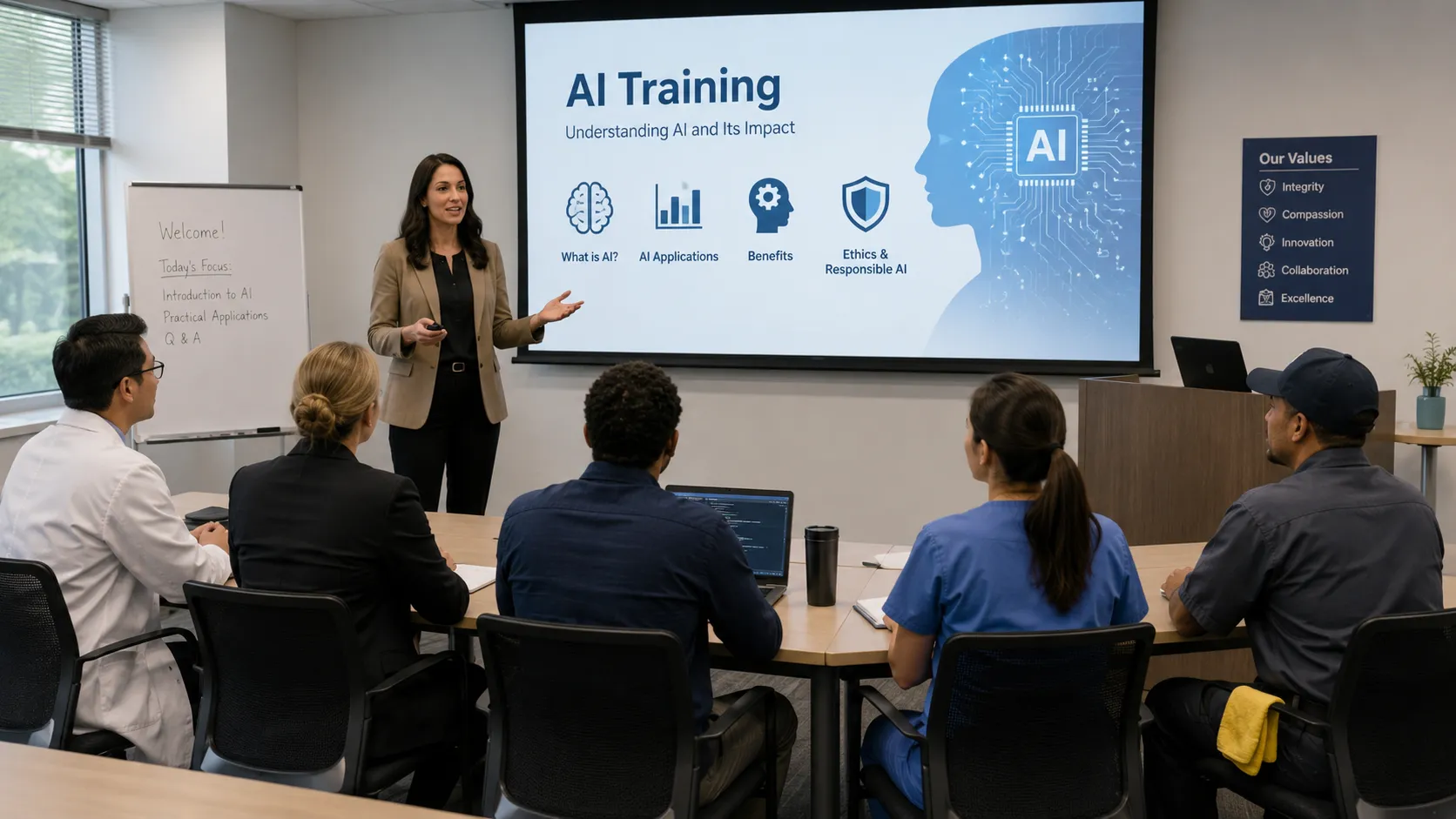 Healthcare workers from multiple roles participating in AI training